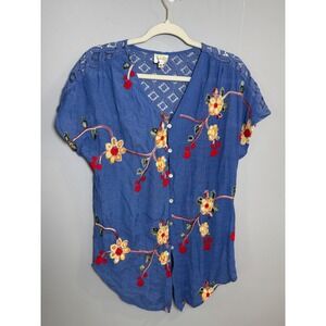 Fig and Flower Blue Floral Embroidered‎ Button Down Blouse Lace Back Womens Med
